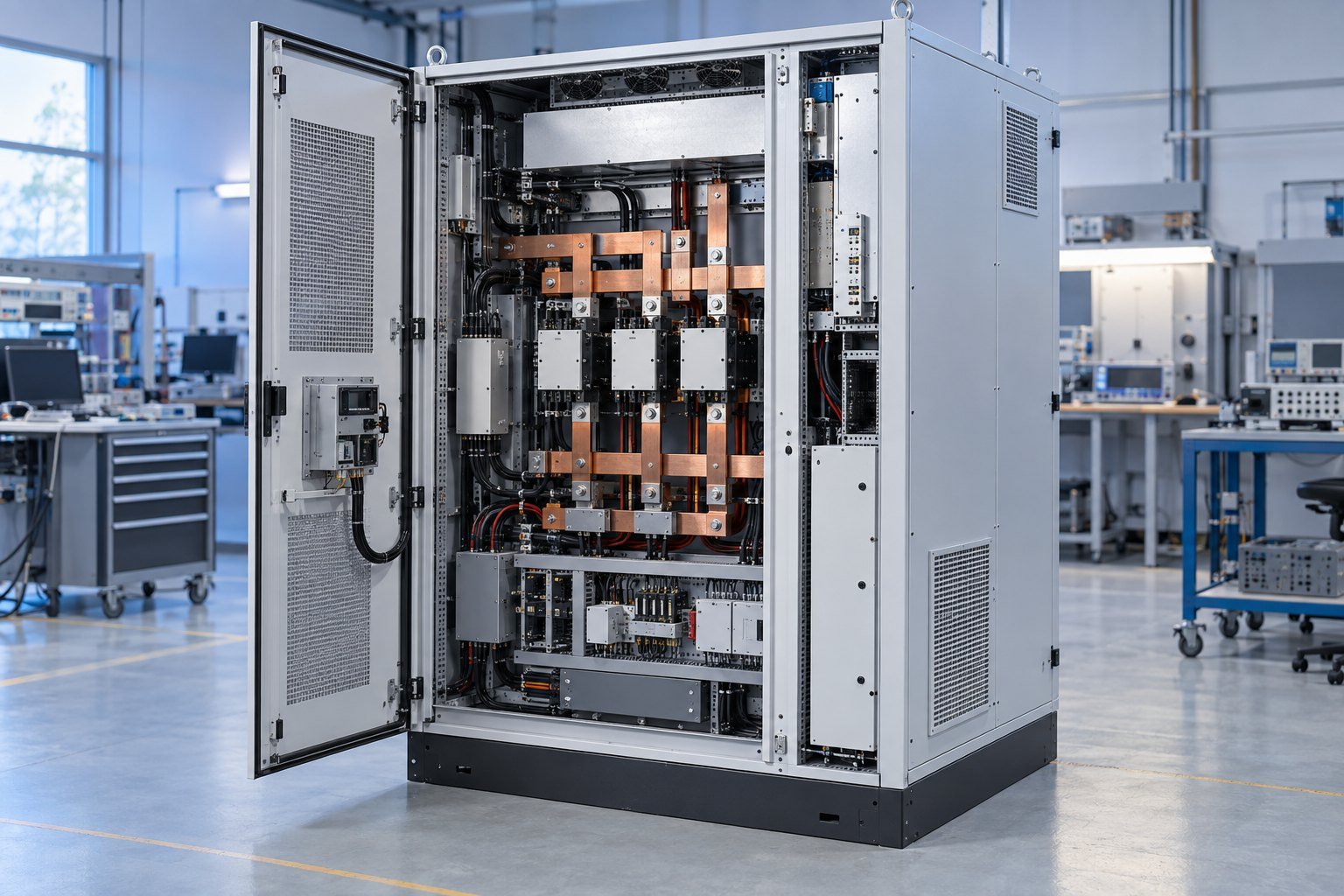 Cabinet-scale DC power architecture High-capacity bidirectional DC power supply cabinet with copper DC bus connections
