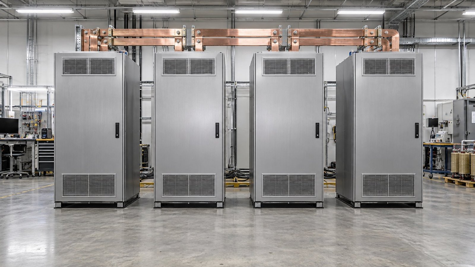 Row of megawatt bidirectional DC source sink cabinets wired in parallel on a lab floor