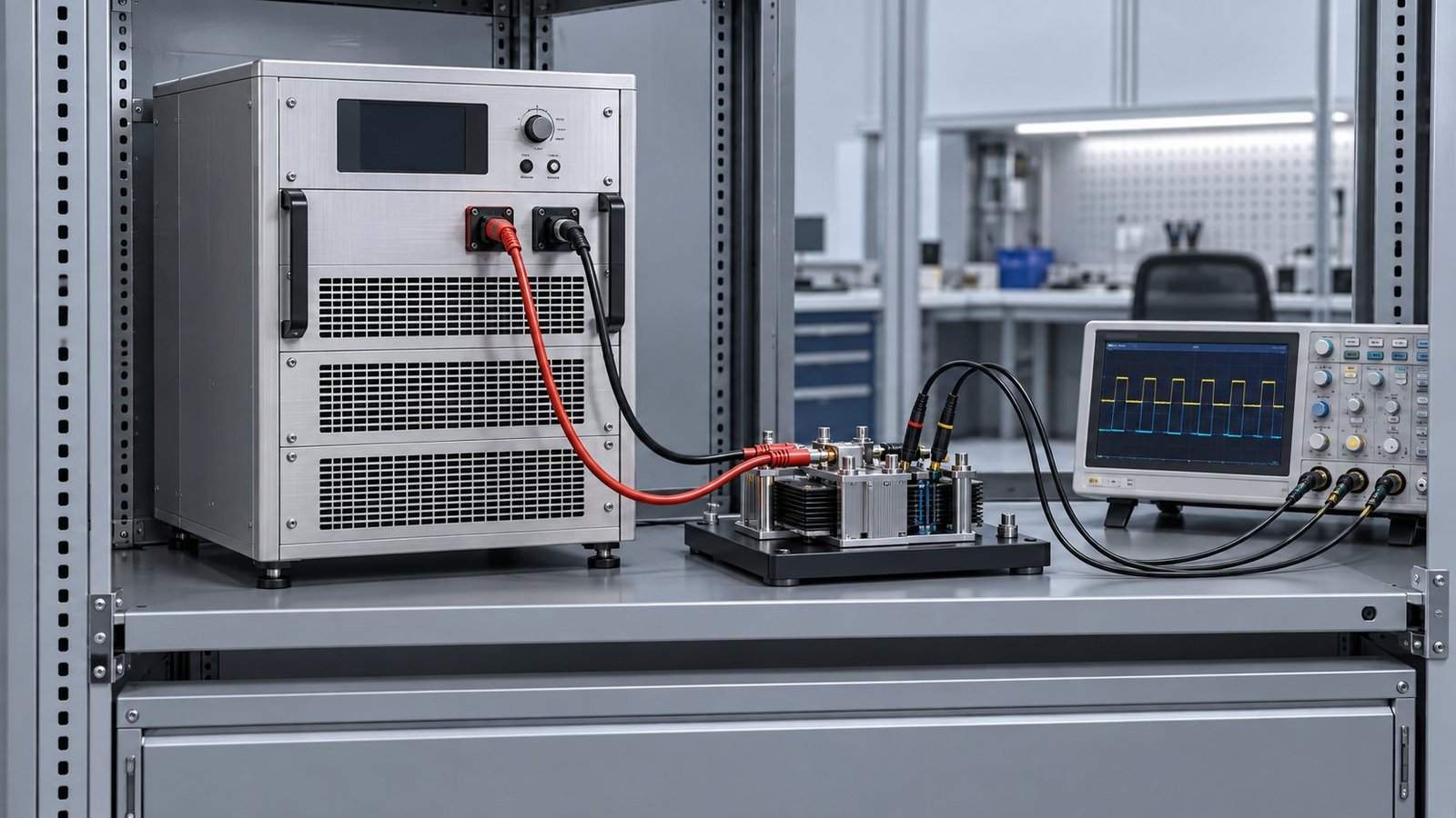 Configured DC test source IEC 61000-4-29 DC power supply on a bidirectional DC test bench