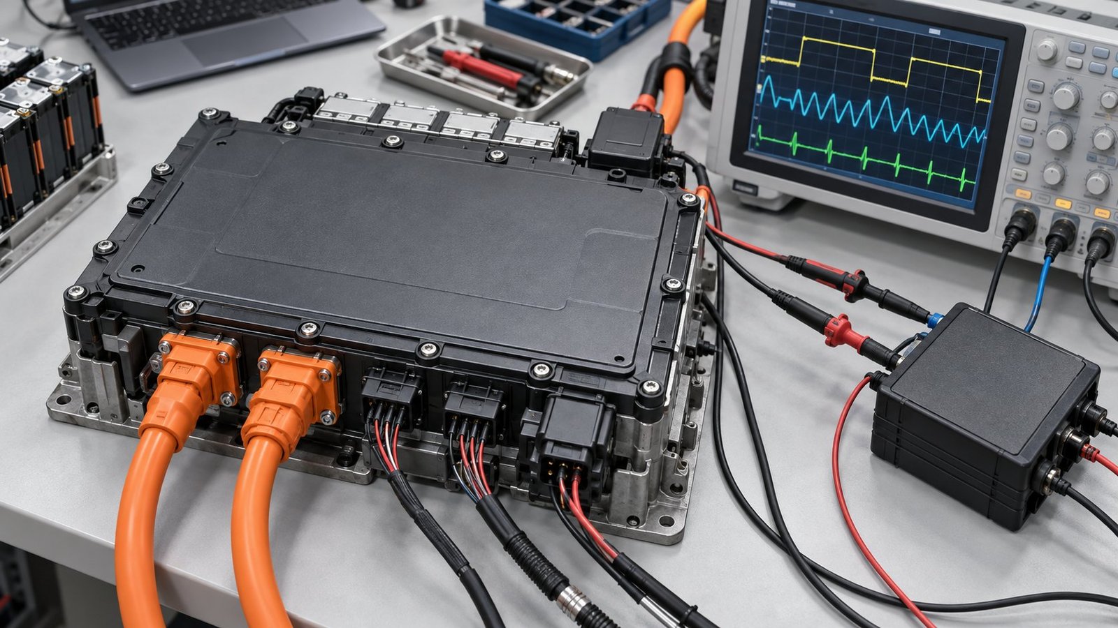Simulator-to-BMS measurement setup Battery simulator for BMS testing connected to a high-voltage pack controller
