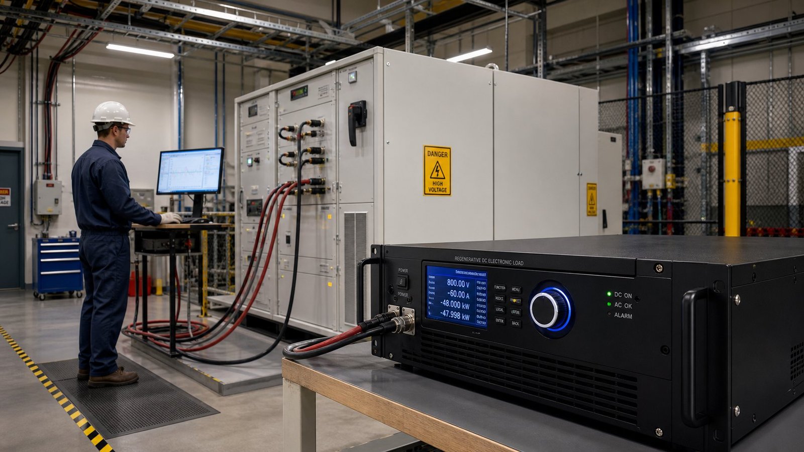 Regenerative dc electronic load bank connected to a high-power DC supply under test