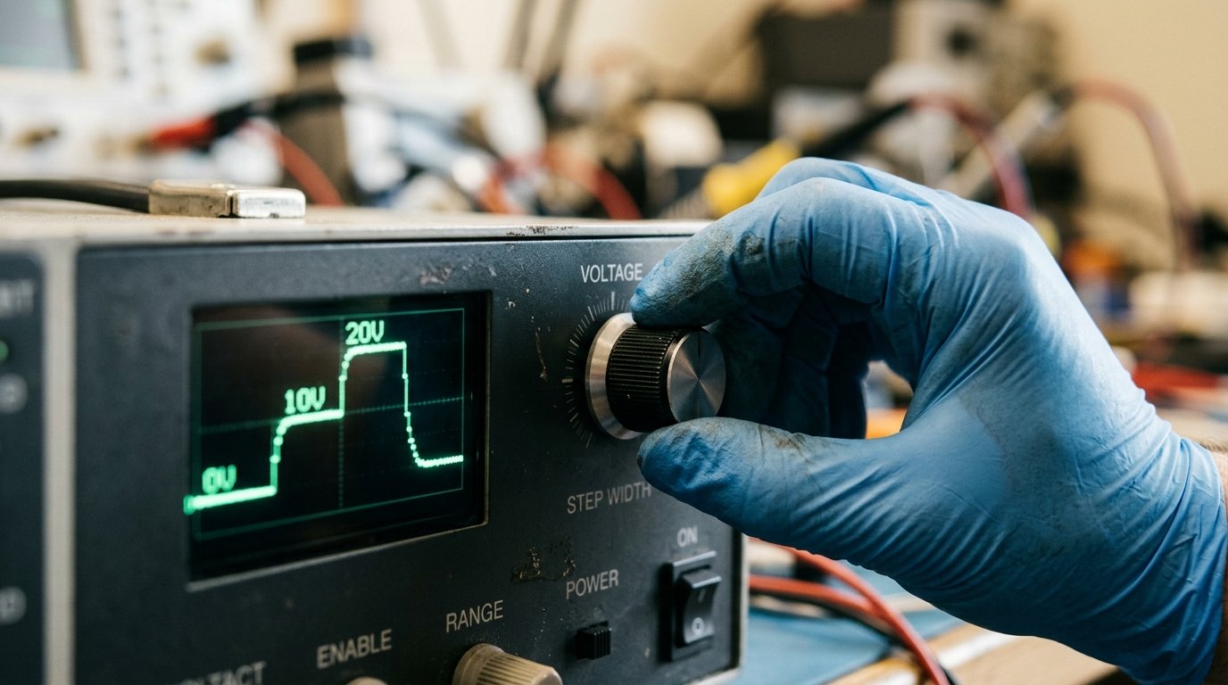 Configuring a voltage-window profile LV123 LV148 test power supply wired to a DC/DC converter with a voltage-step trace on screen