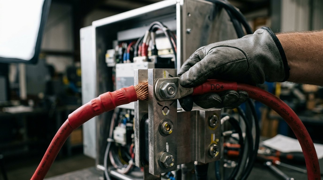800V DC Busway Connection Technician connecting a high-current test lead to an 800V DC busway terminal