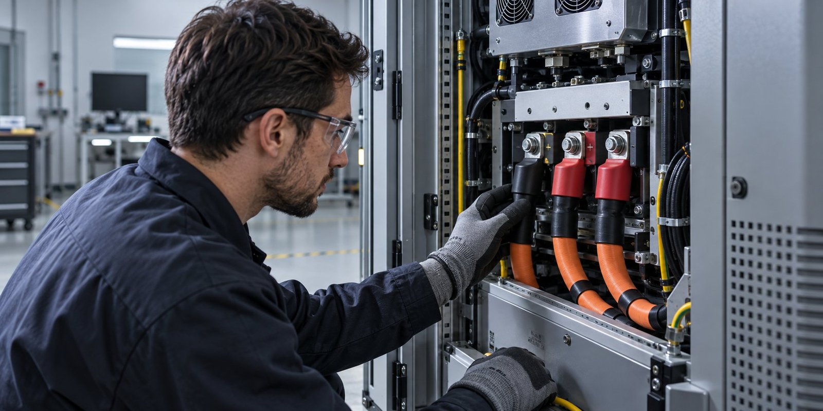 Regeneration and fault containment Engineer checking regenerative DC power connections on a high-voltage test cabinet