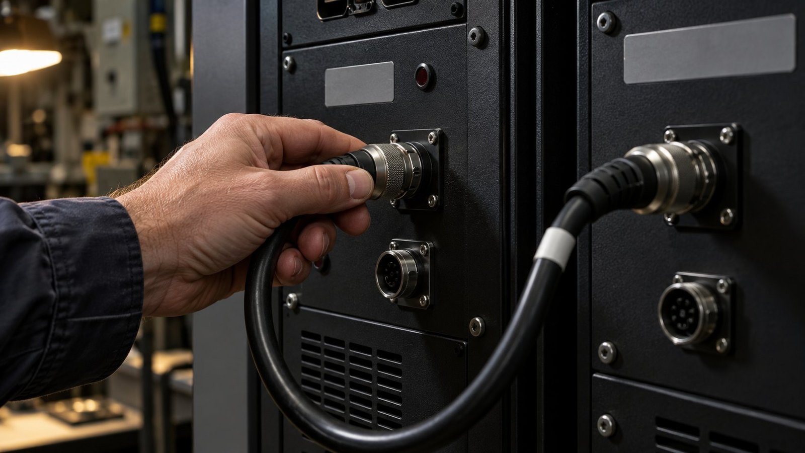 Technician connecting a synchronisation cable between two bidirectional power cabinets