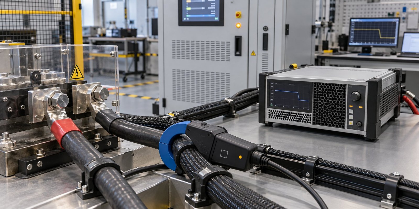 Measured interruption response DC power supply terminals and current probe during interruption testing