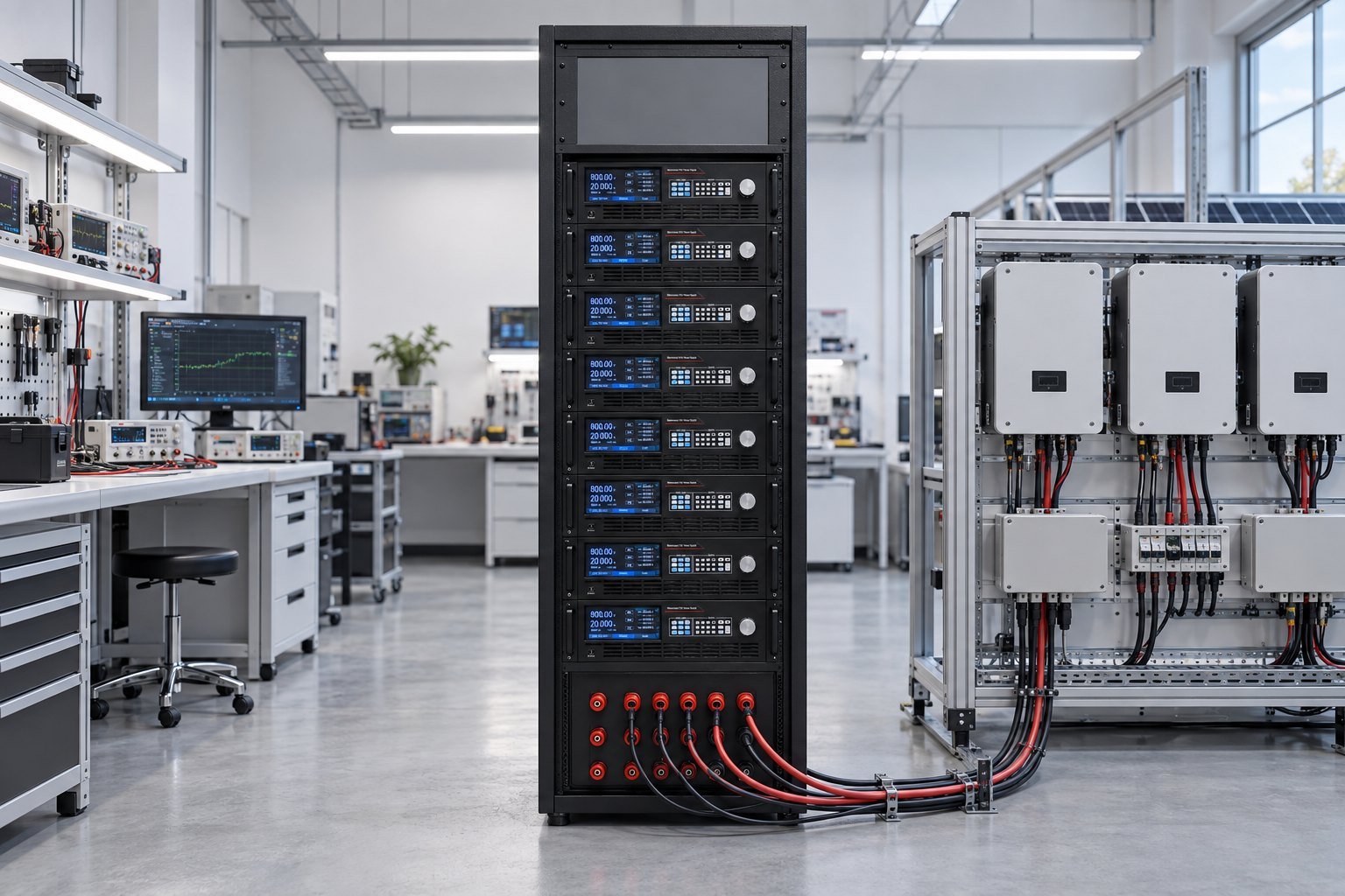 Multi-module PV PCE test cabinet UltraPower eight-module DC power cabinet with twelve red terminals in a PV PCE laboratory