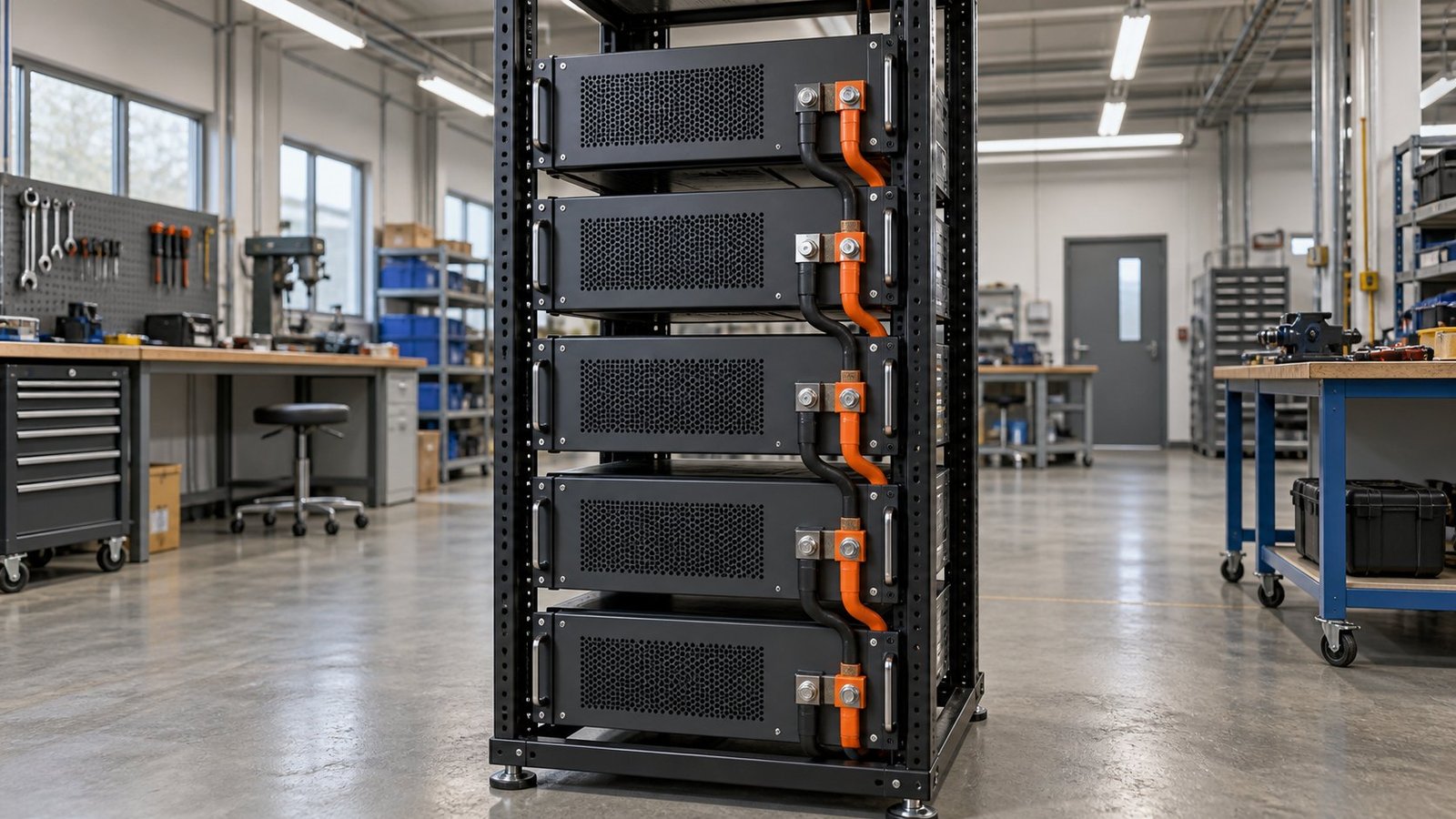 Paralleling chassis to reach higher power Several DC power supply chassis linked by busbars in a paralleled rack configuration