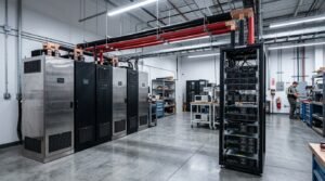 Bidirectional DC power supply cabinets set up for 800V DC data center testing in a lab
