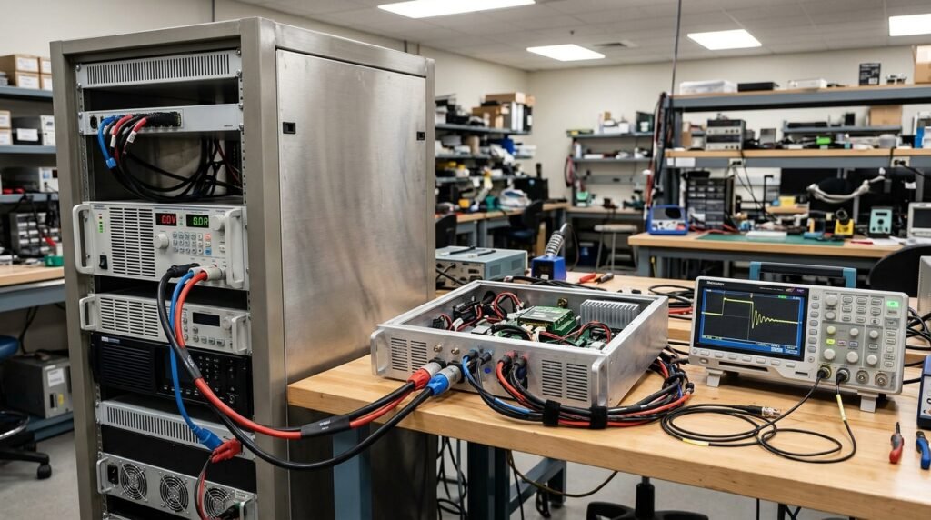 LV123 LV148 test power supply connected to an automotive DC/DC converter on a lab bench