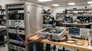 LV123 LV148 test power supply connected to an automotive DC/DC converter on a lab bench