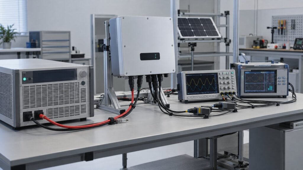 Solar array simulator MPPT testing bench with PV inverter and measurement instruments