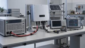 Solar array simulator MPPT testing bench with PV inverter and measurement instruments