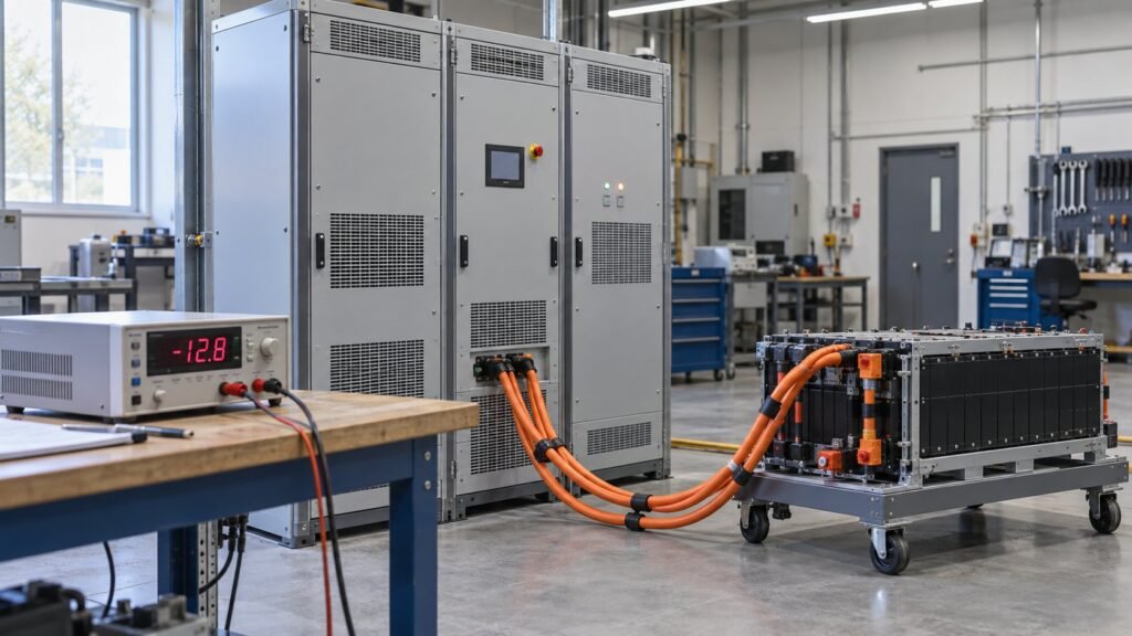 Rack of bidirectional DC power supplies on a test bench with a current meter reading negative during sink operation