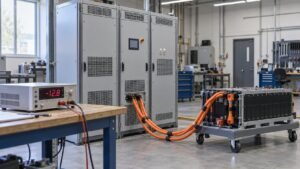 Rack of bidirectional DC power supplies on a test bench with a current meter reading negative during sink operation