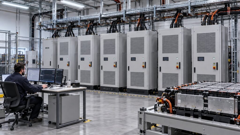 Megawatt bidirectional DC source sink cabinets forming a battery pack test bench