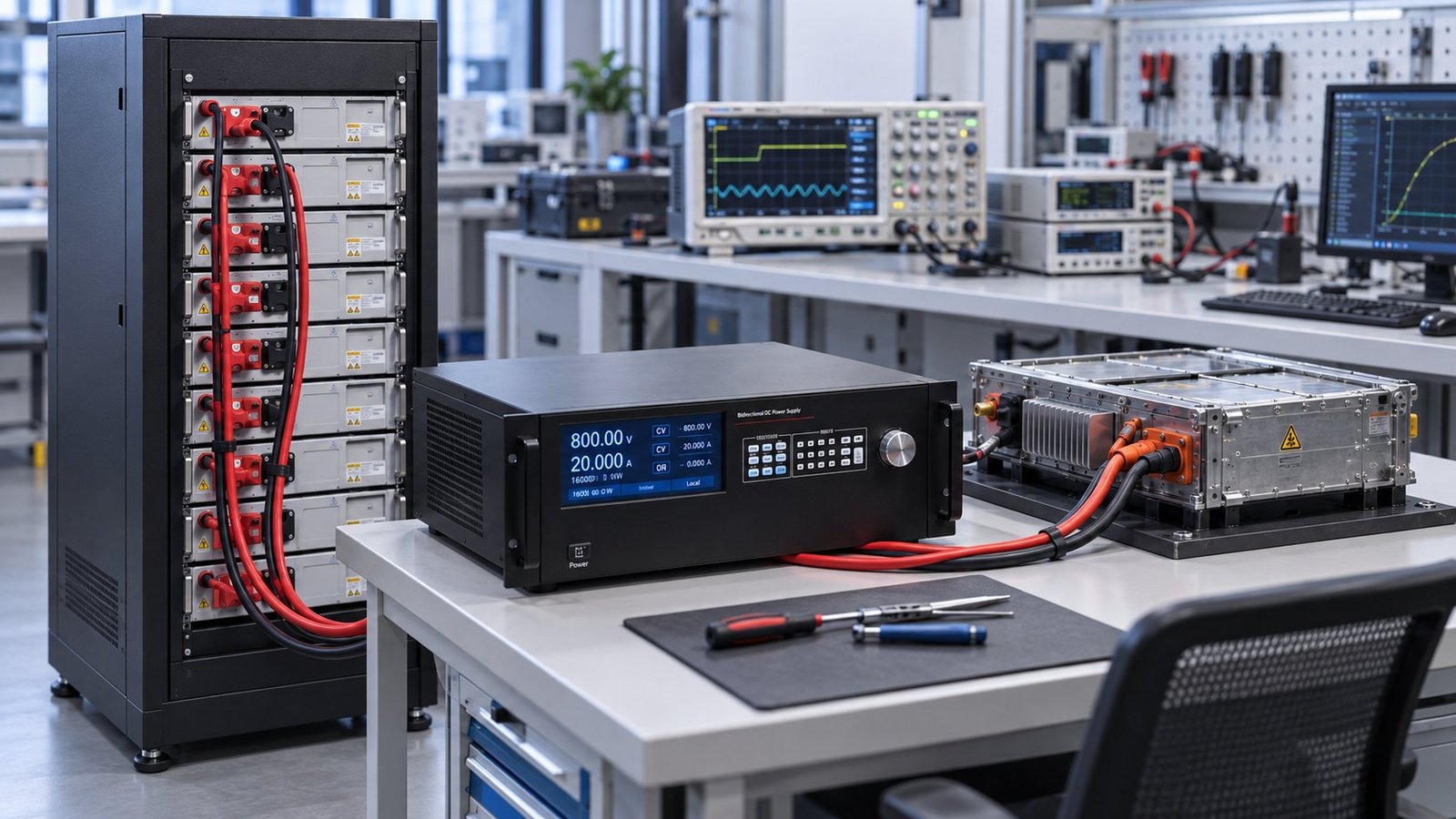 Cabinet-scale reversal test Ultra Power battery simulator connected to an eight-module battery cabinet during current reversal testing