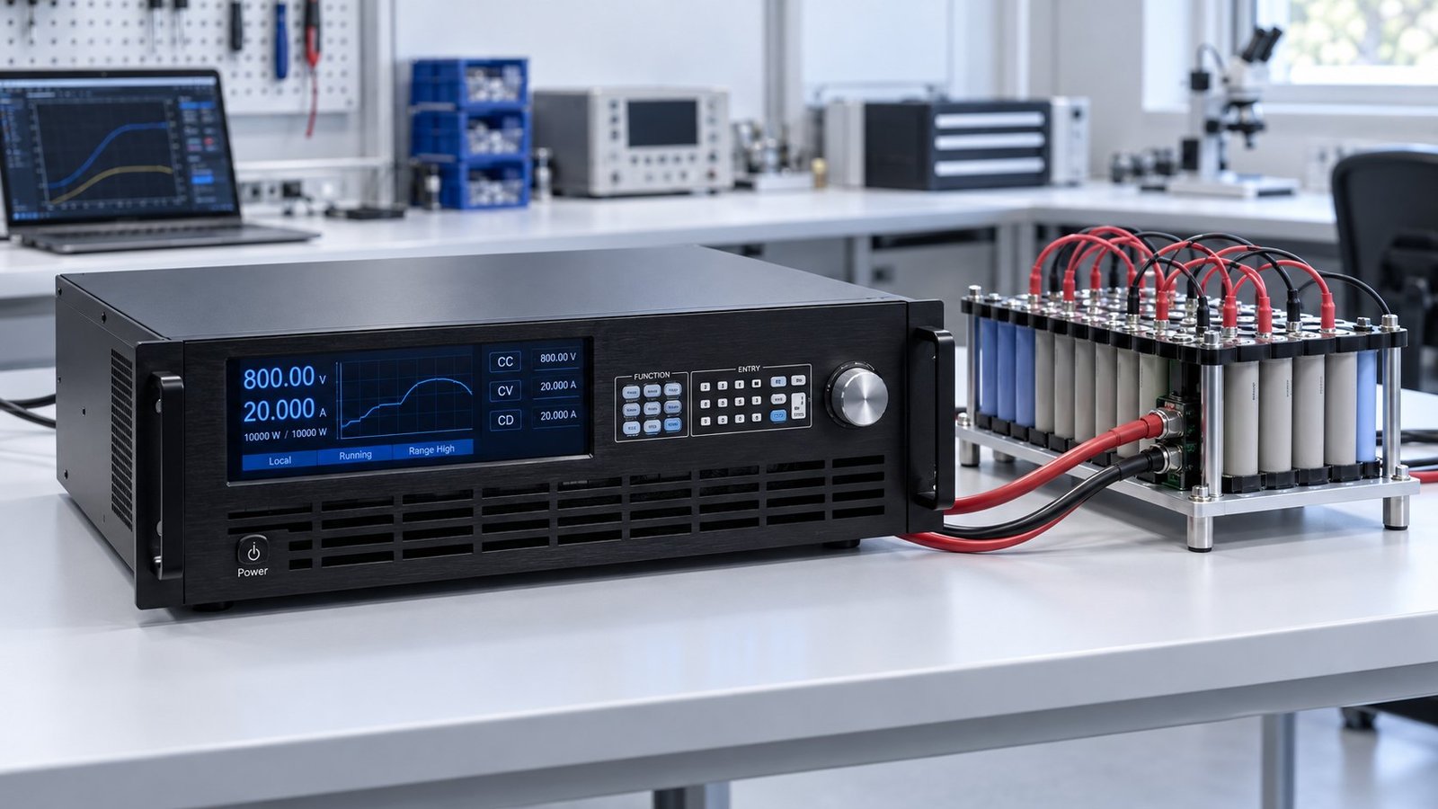 Front source-and-sink validation setup UltraPower regenerative converter beside a wired battery-cell assembly